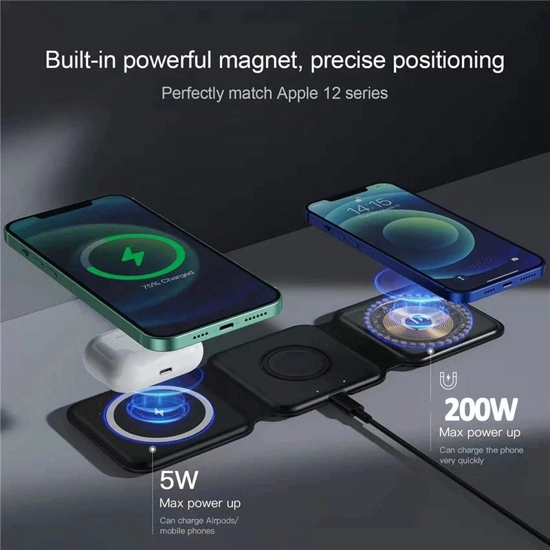 Carregador Sem Fio Portátil Magnético 3 em 1 de 100W para iPhone 14, 13, 12, 15, XR, Pro Max, Apple Watch, AirPods, Estação de Carregamento Rápido